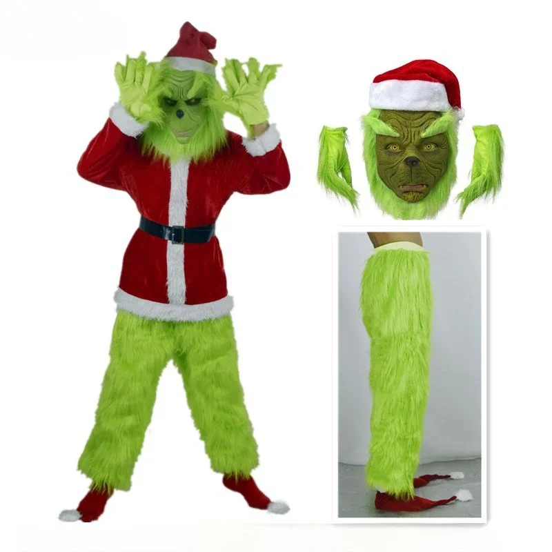 

Anime Green Attire Clothing Grinch Cosplay Costumes Santa Cos Halloween Claus Hat Glove Belt Mask For Women Men Anime Carnival