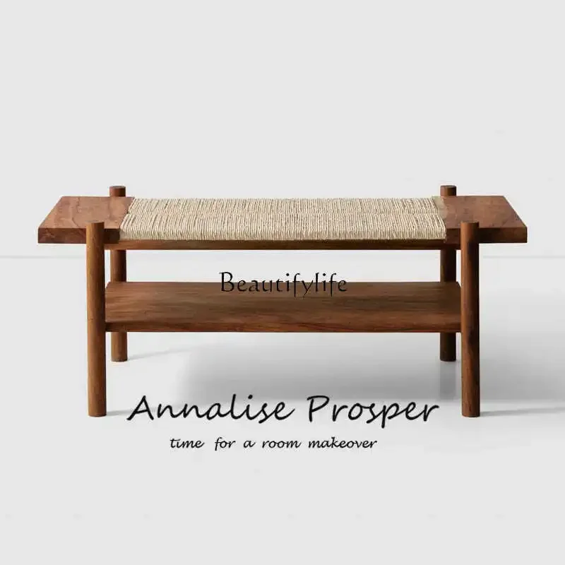 03.Nordic solid wood woven wabi wind bedside stool entrance entrance shoe change living room leisure tea stool