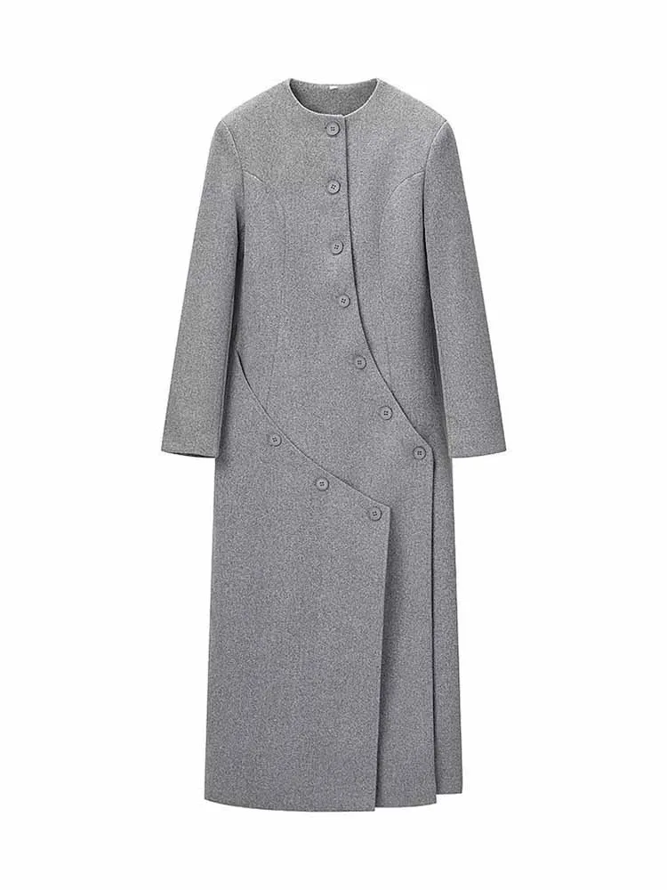 HH Spring Female Casual Overcoat Woman Early Fashion Simple Long Sleeves Round Neck Multi-Button Decoration Long Style Coat