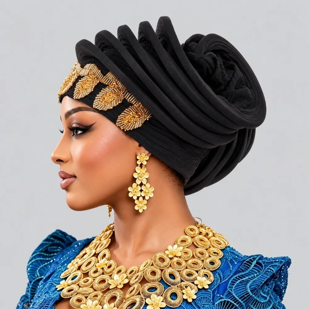 Shiny African Gele Headwrap Polyester Leaf Yoruba Turban Hat Gold Embellished Multiple Color Options Traditional Headpiece