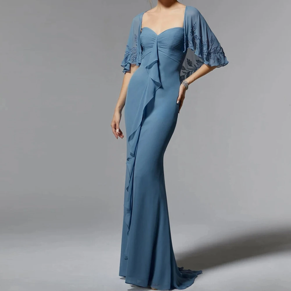 

CustomizedElegant Strapless Spaghetti Straps Straight Chiffon shawl Floor Length Appliques Sweep Train Evening Dress Bespoke Occ