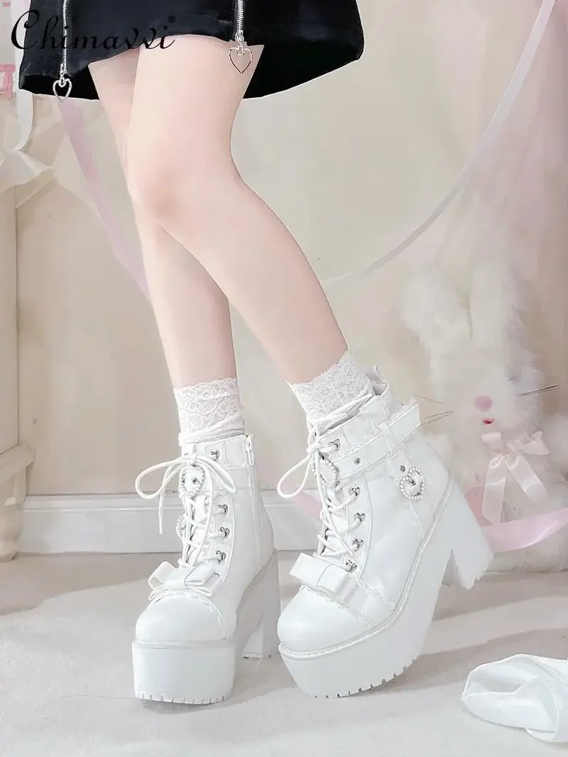 Japanese Mine Lolita Short Boots for Women Mass Production Love Rhinestone Buckle Bow Round Head Platform Boots Sweet Shoes