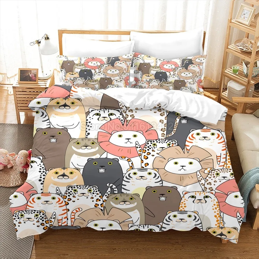 Cartoon Cat Bedding Set for Bedroom Decor Cute Animal Print Polyester 140x200cm Duvet Cover Set with 2Pcs Pillowcases Girl Gifts