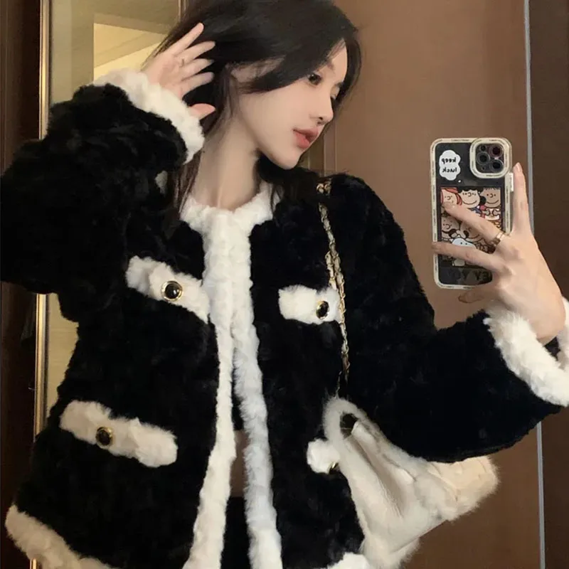 Lamb Fur Black Coat Women Elegant Long Sleeve Fashion Padded Thickened Warm Jacket Chic Office Lady Furry White Female Outwear