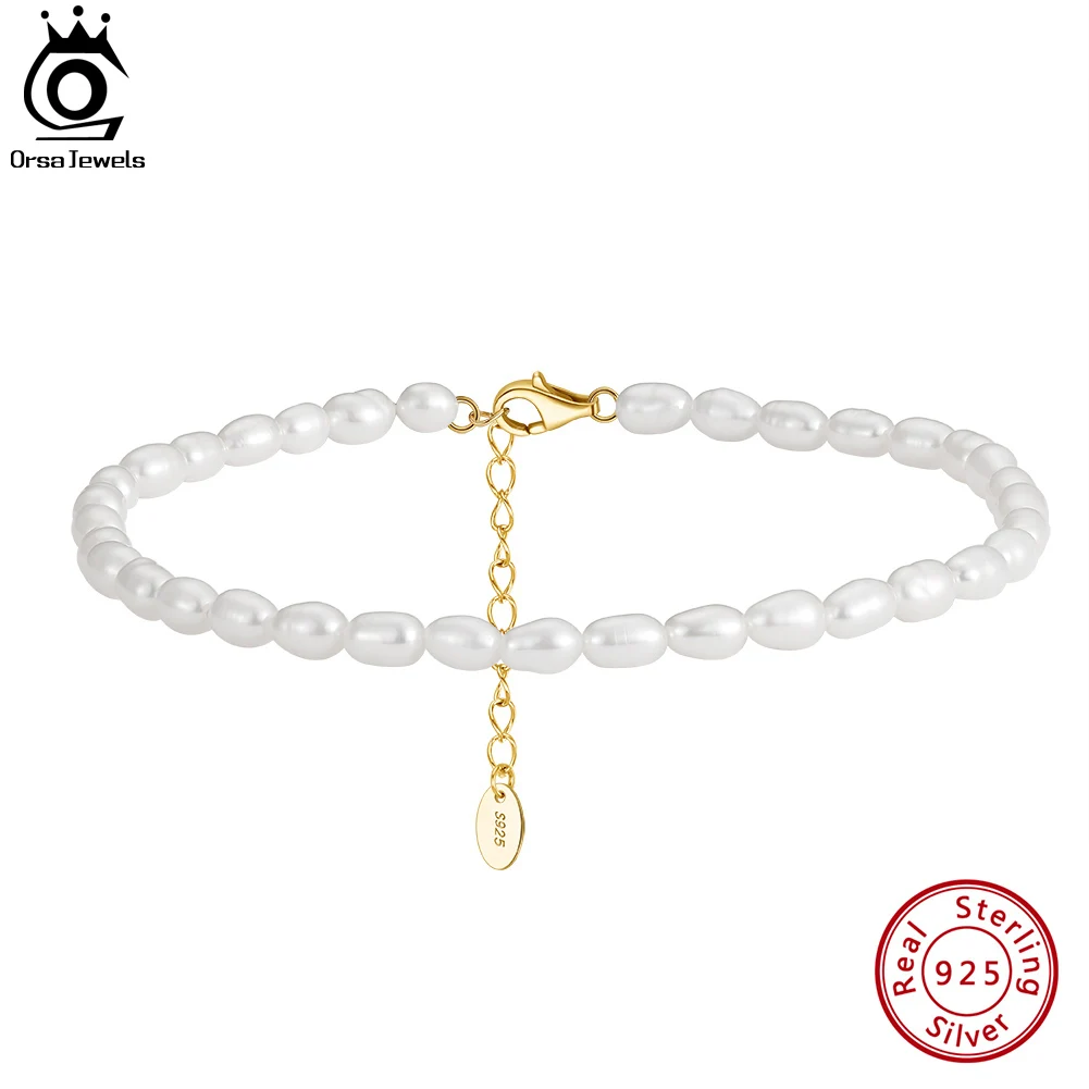 

ORSA JEWELS 925 Sterling Silver Natural Rice Pearl Anklets for Women Fashion Pearls Bead Foot Chain Ankle Straps Jewelry SA38