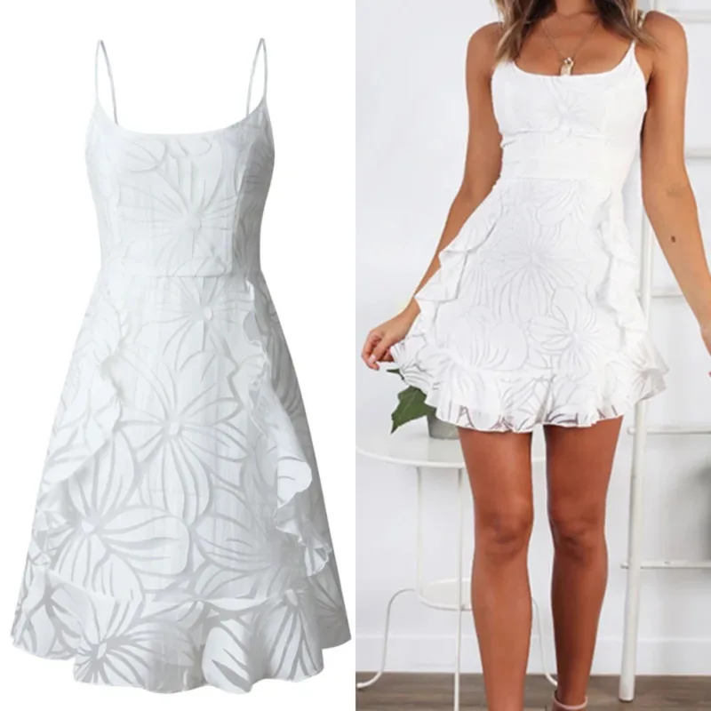 

Elegant Slim Fit Pleated Short Dress Solid Color Printed Ruffle Edge Camisole Dress Spring Summer Fashion Women's Vacation Dress