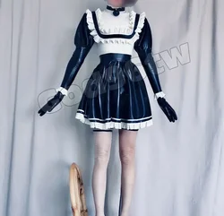 Cómodo 100% látex goma Gummi Maid/Maiden Kleid vestido falda Ganzanzug volante traje