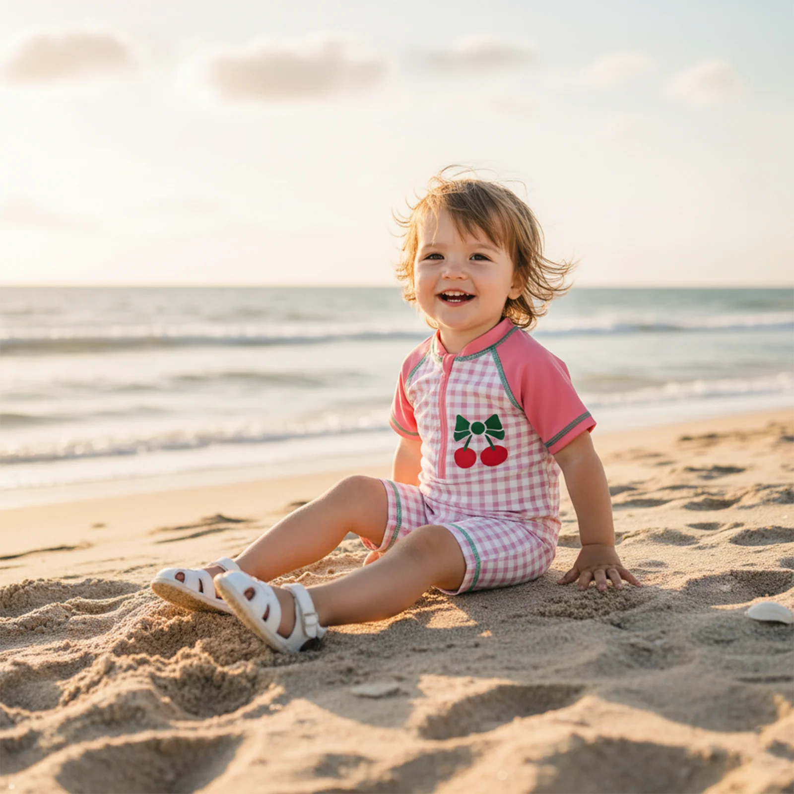 

Toddler Swimming Clothes Girls Rash Guard Swimsuit Cherry Plaid Contrast Color Zip Up Short Sleeve Baby Girls Swimwear