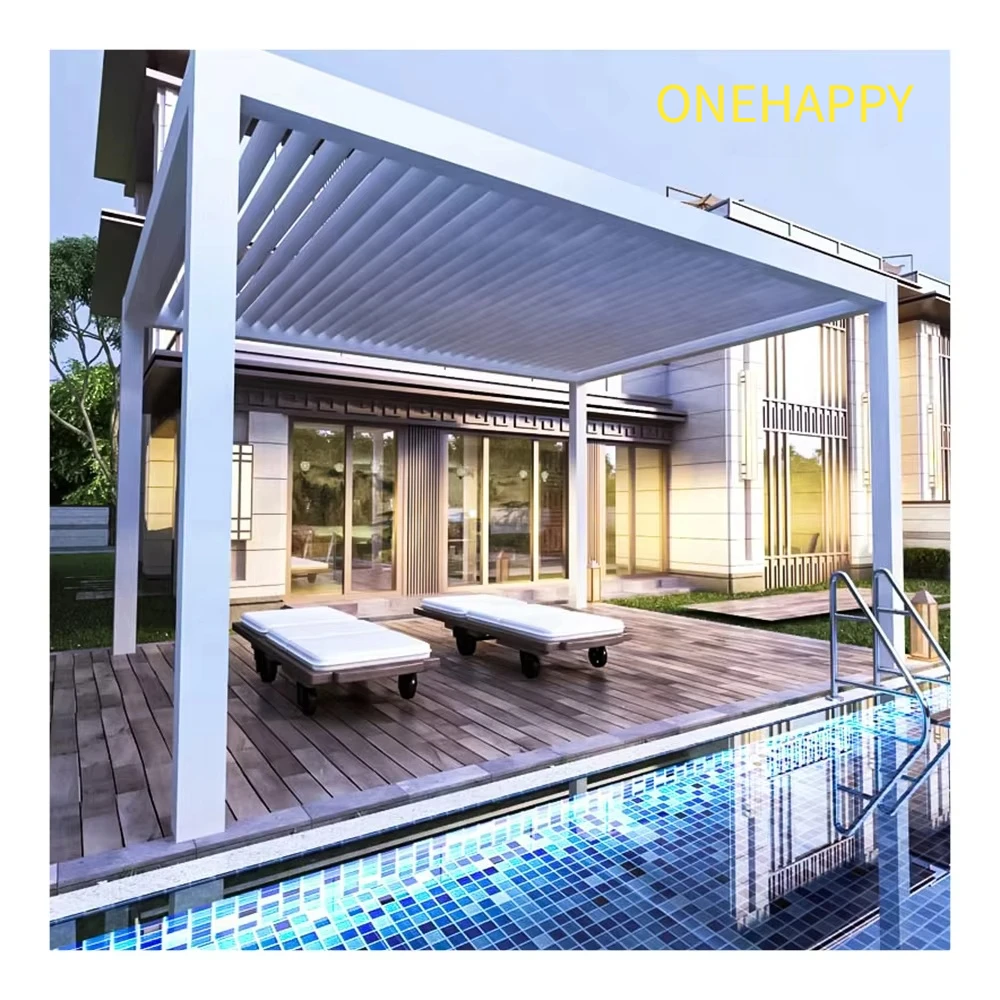Outdoor electric aluminum louver roof waterproof dimmable LED lighting modern bioclimatic pergola