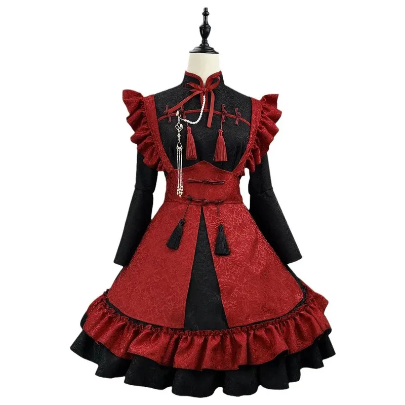 

Anime Lolita Maid Dress Red Black Chinese Dress Relief Jacquard Cosplay Costume Girl Maid Dress Trending Party Costumes S -5XL