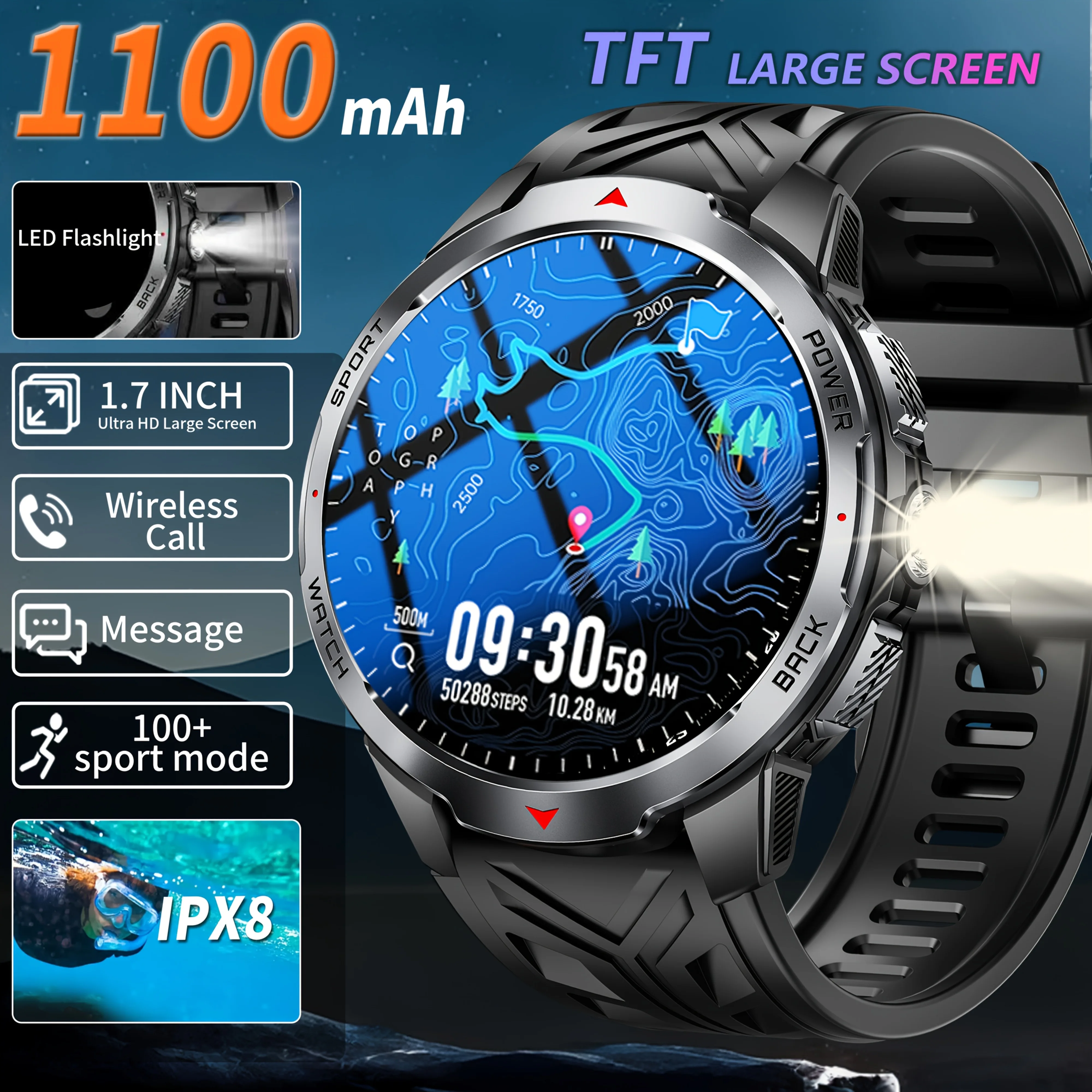 

1100 мАч военные уличные умные часы мужские 1,7-дюймовый большой дисплей компас спортивные часы IP68 водонепроницаемые Bluetooth умные часы с вызовом