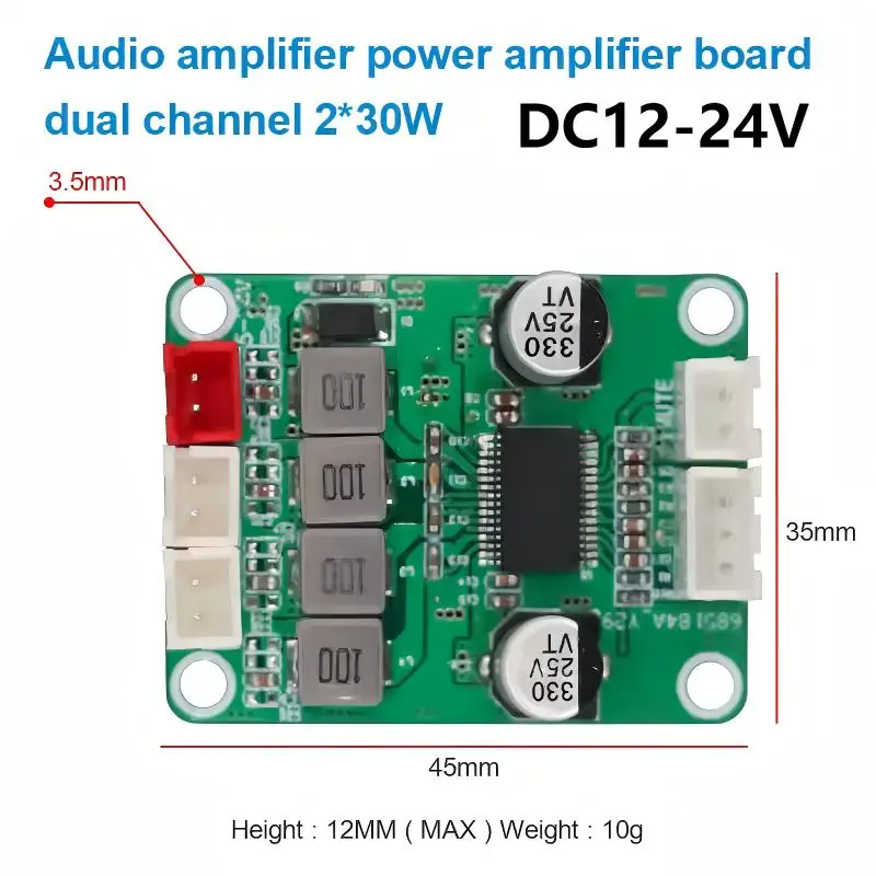2*30 Вт, 12-24 В, двухканальный модуль платы цифрового усилителя звука, размер 45*35*12 мм с оригинальным чипом TPA3118 для динамика 8R/30-50 Вт 2*30 Вт, 12-24 В, двухканальный модуль платы цифрового усилителя звука, размер 45*35*12 мм с оригинальным чипом TPA3118 для динамика 8R/30-50 Вт