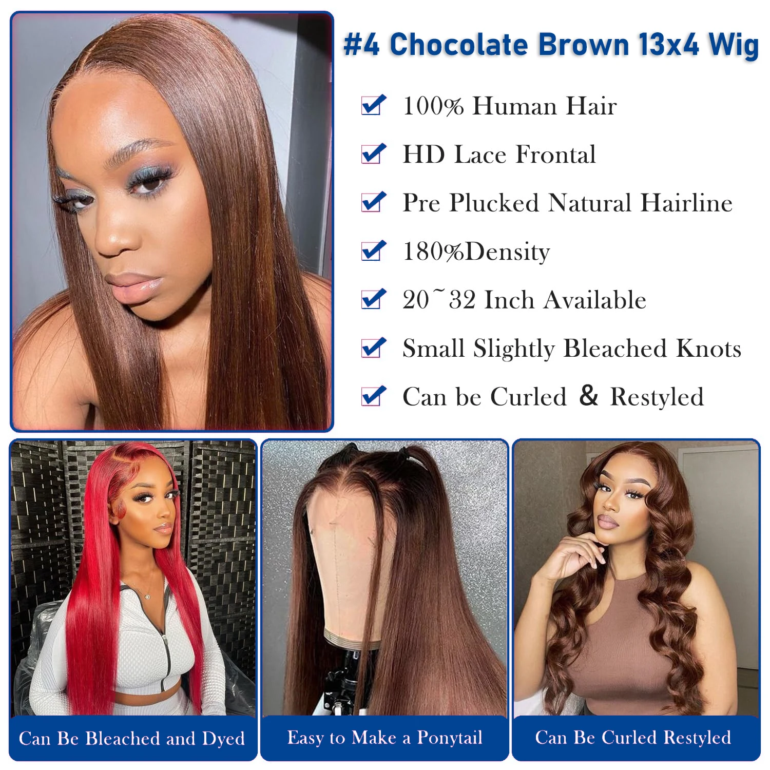 #4 Bone Straight Colored Chocolate Brown Lace Front Human Hair Wig 250 Density 13x4 HD Transparent Lace Frontal Wig Hot Sale