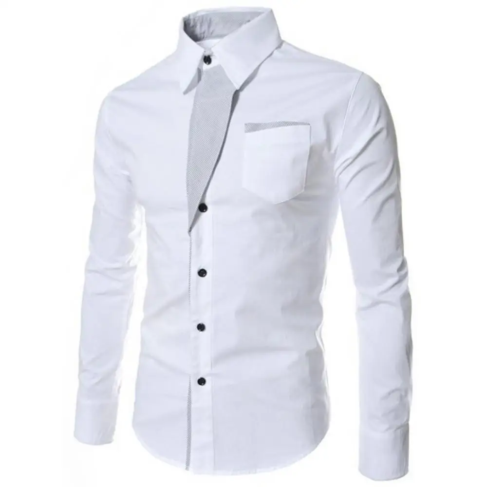 Fashion Slim Fit Men Top Shirt Long Sleeve Stand Collar Color Block Button up Top