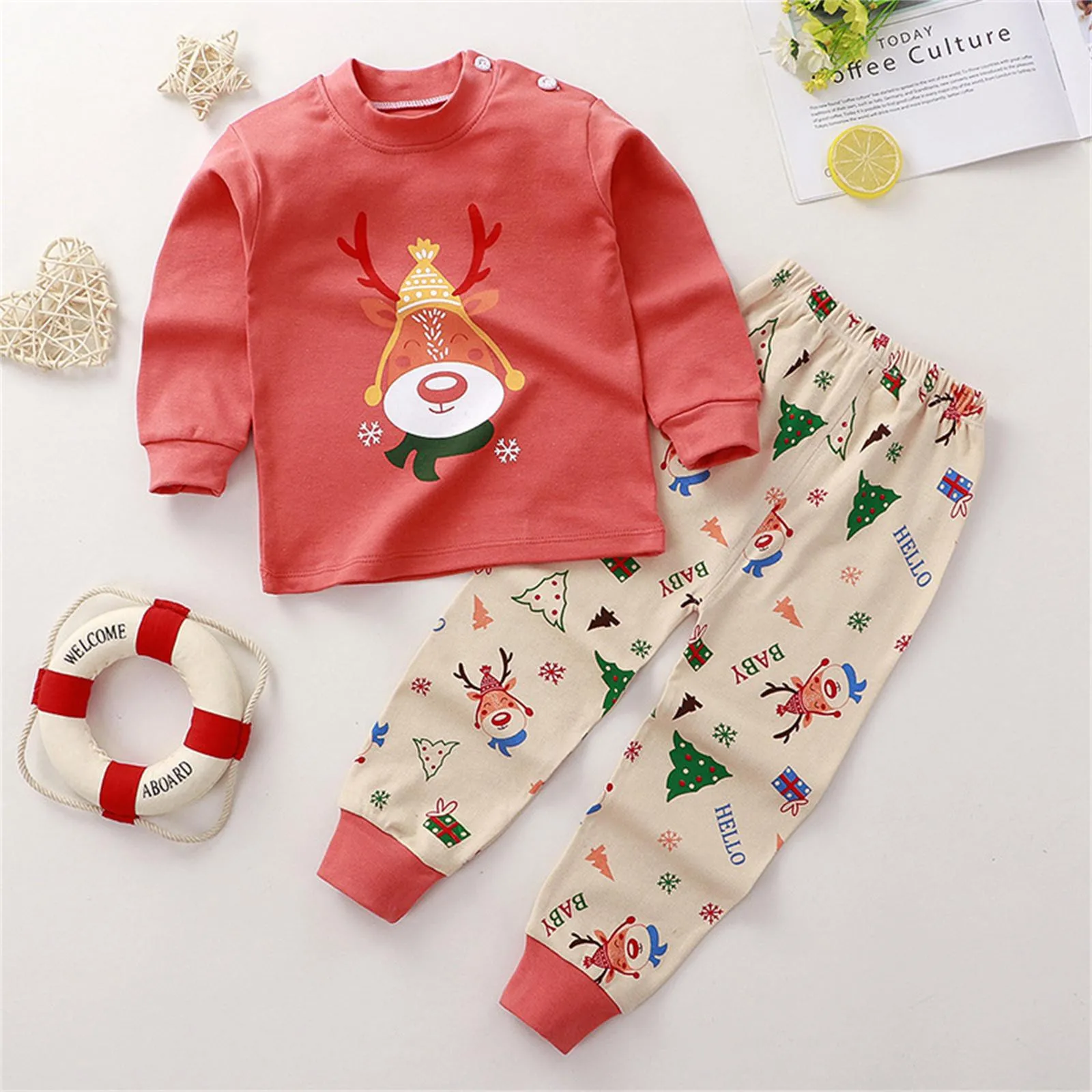 Children's Sleepwear 2-Piece Set Of Children's Cute Christmas Home Clothes Set Cotton Baby Warm Autumn Clothes And Long Pants