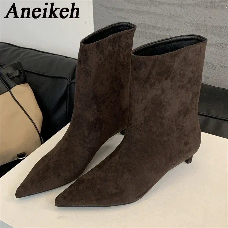 Aneikeh Autumn Fashion High Quality Pointed Toe Vintage Ankle Boots Sexy Thin Low Heel Women Warm Knight Slip On Party Shoes