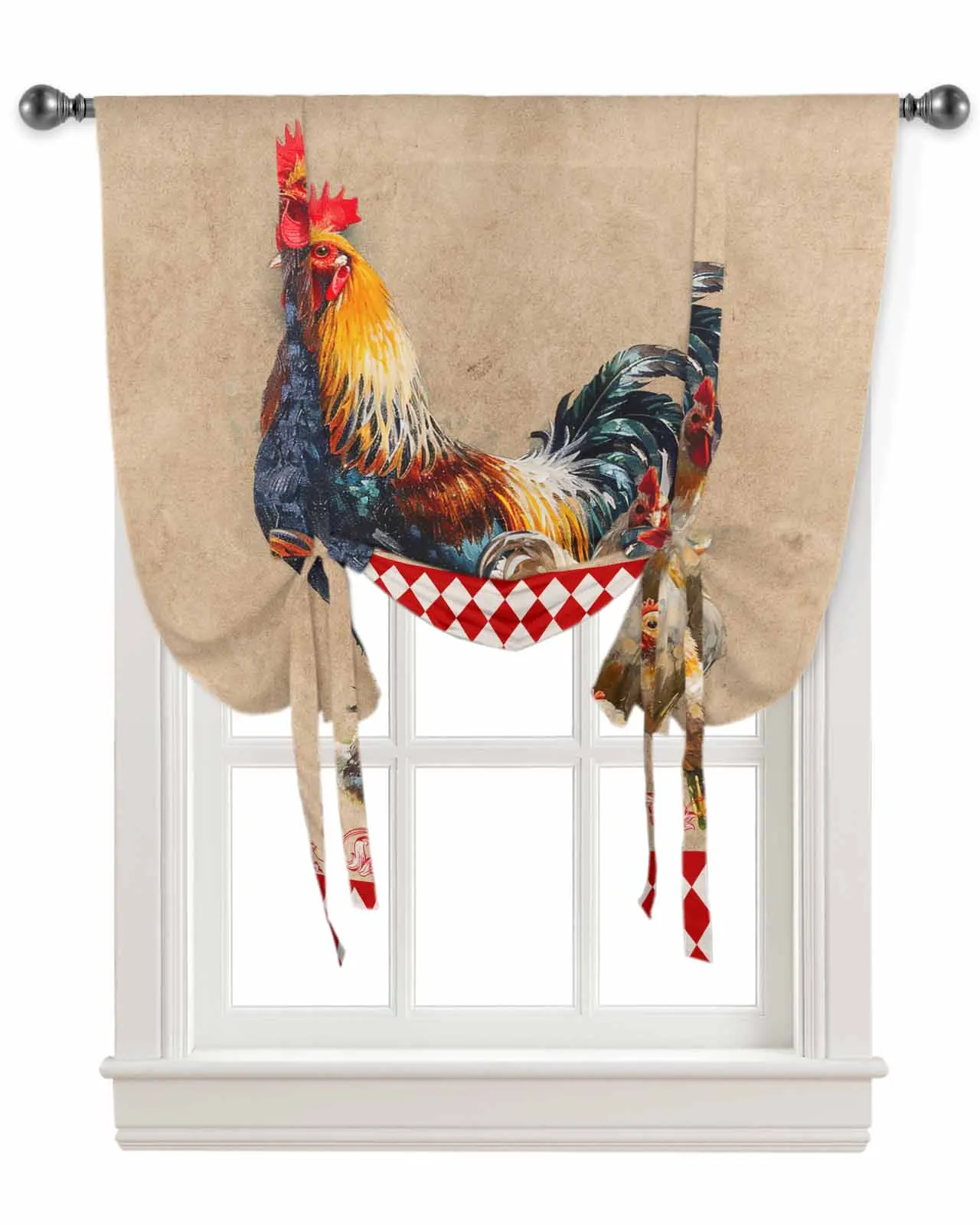 Retro Country Farm Rooster Hen Window Curtains Tie Up Curtains for Kitchen Living Room Adjustable Rod Pocket Valances