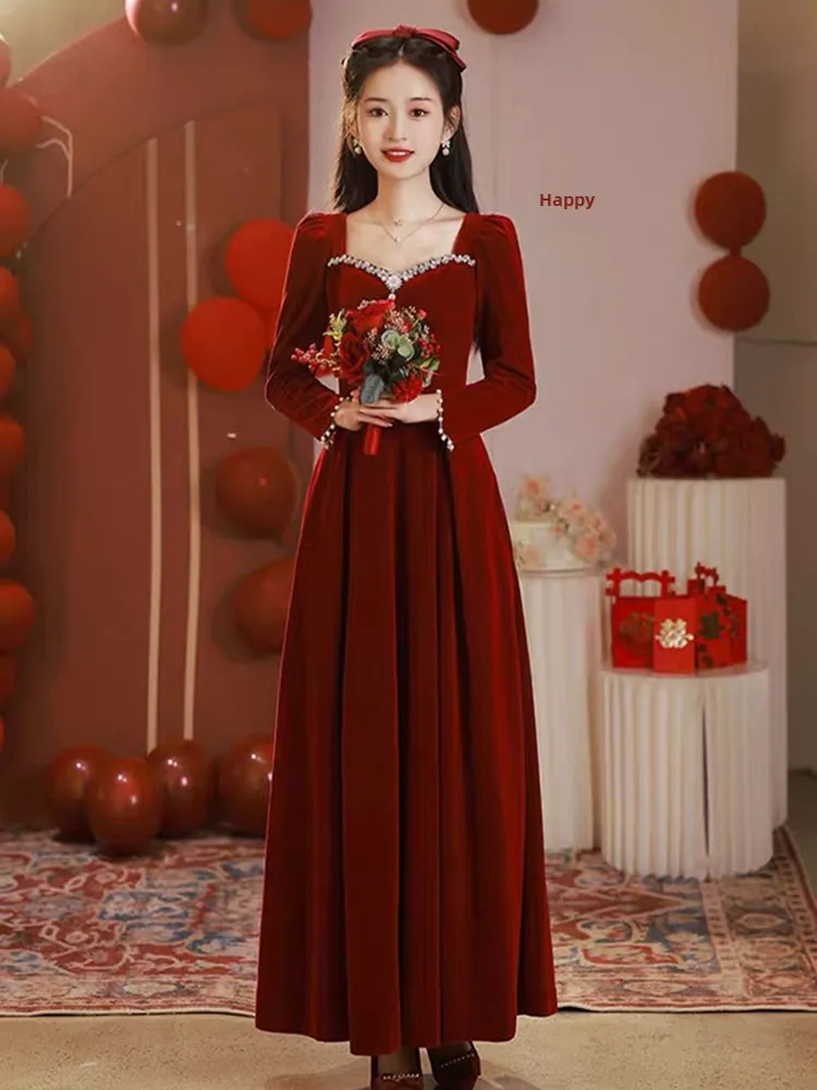 

Ele Long Sve Velvet Wedding Dr for Bride Simple Sle Floor Length Evening Gown for Engagement And Wedding Par