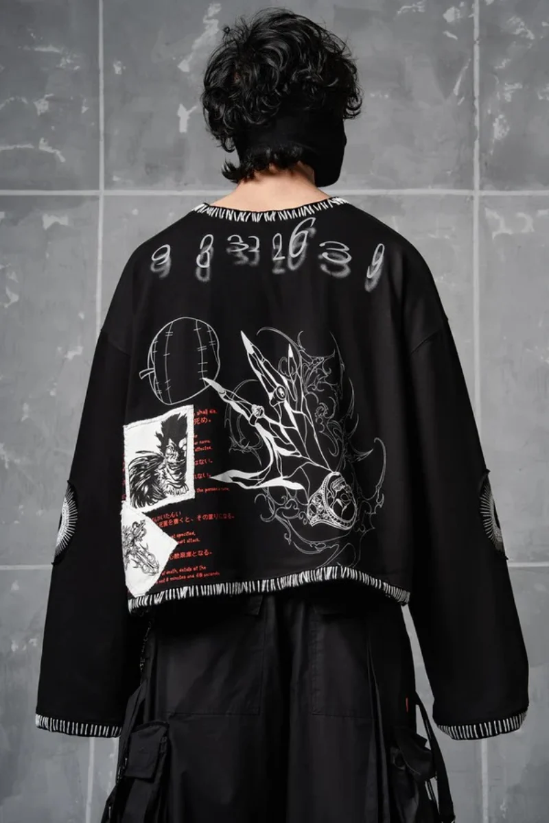 

Y2K Vintage Harajuku Cropped Long Sleeve Shirt Men Black Gothic Anime Graphic Print Streetwear Retro Oversized High Street Top