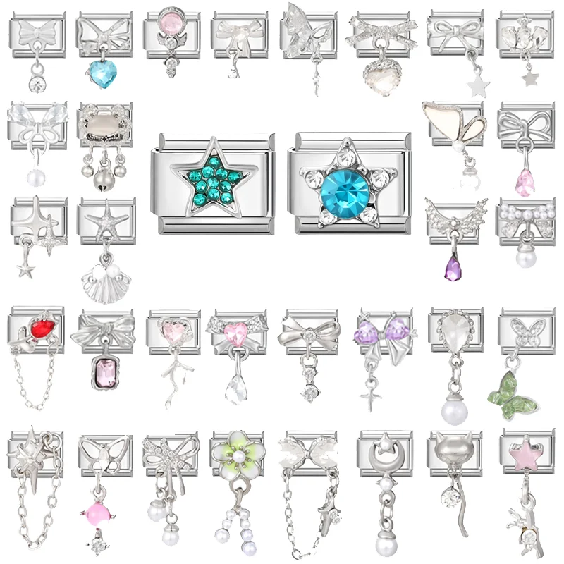Y2k Italian Charm Silver Color Bracelet Series Blue Stars Zircon Bowknot Pearl Heart Hand Making DIY Chain Shiny Pendant Jewelry