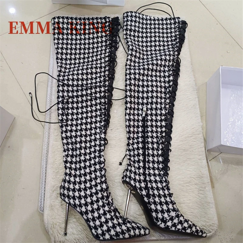 النساء منقوشة الدانتيل يصل الأحذية مثير مدبب تو كعب ستيليتو أحذية طويلة السيدات موضة الأحذية غير سترتش بوتاس دي موهير 44