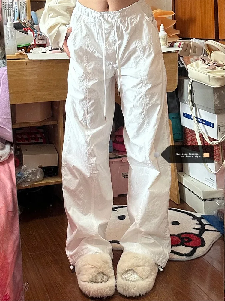 

High Waist Wide Leg Pants Women's Summer Casual Trousers American Retro Style Drop-Crotch Pants Floor-Length Workwear