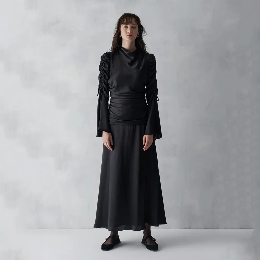 

Simple Evening Dresses High Collar Long Sleeves A-line Pleat Evening Gowns 2025 Tea-Length Prom Dresses Dress Customized