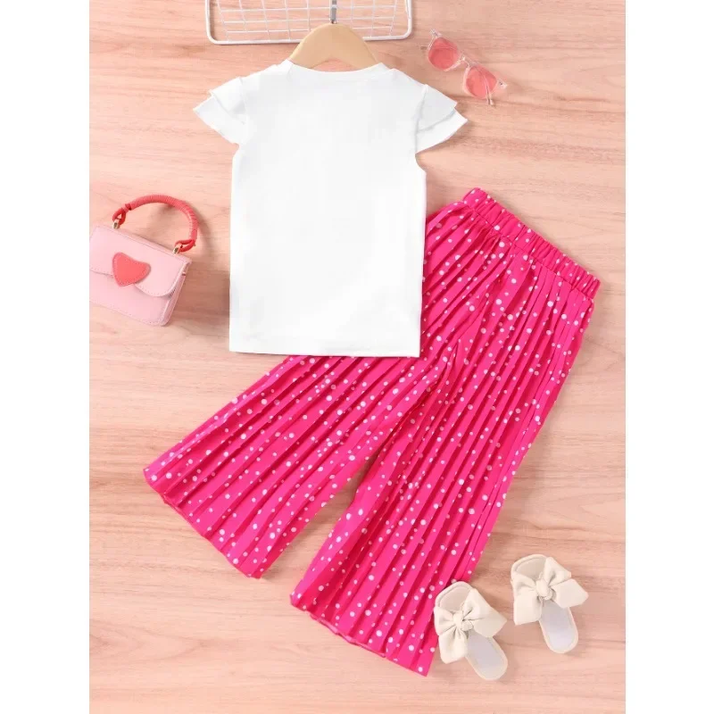 Girls Summer Set Cartoon Print Round Collar Flare Sleeve T-shirt+Wide Leg Pants Children Casual 2pcs Set Baby Clothes Et100