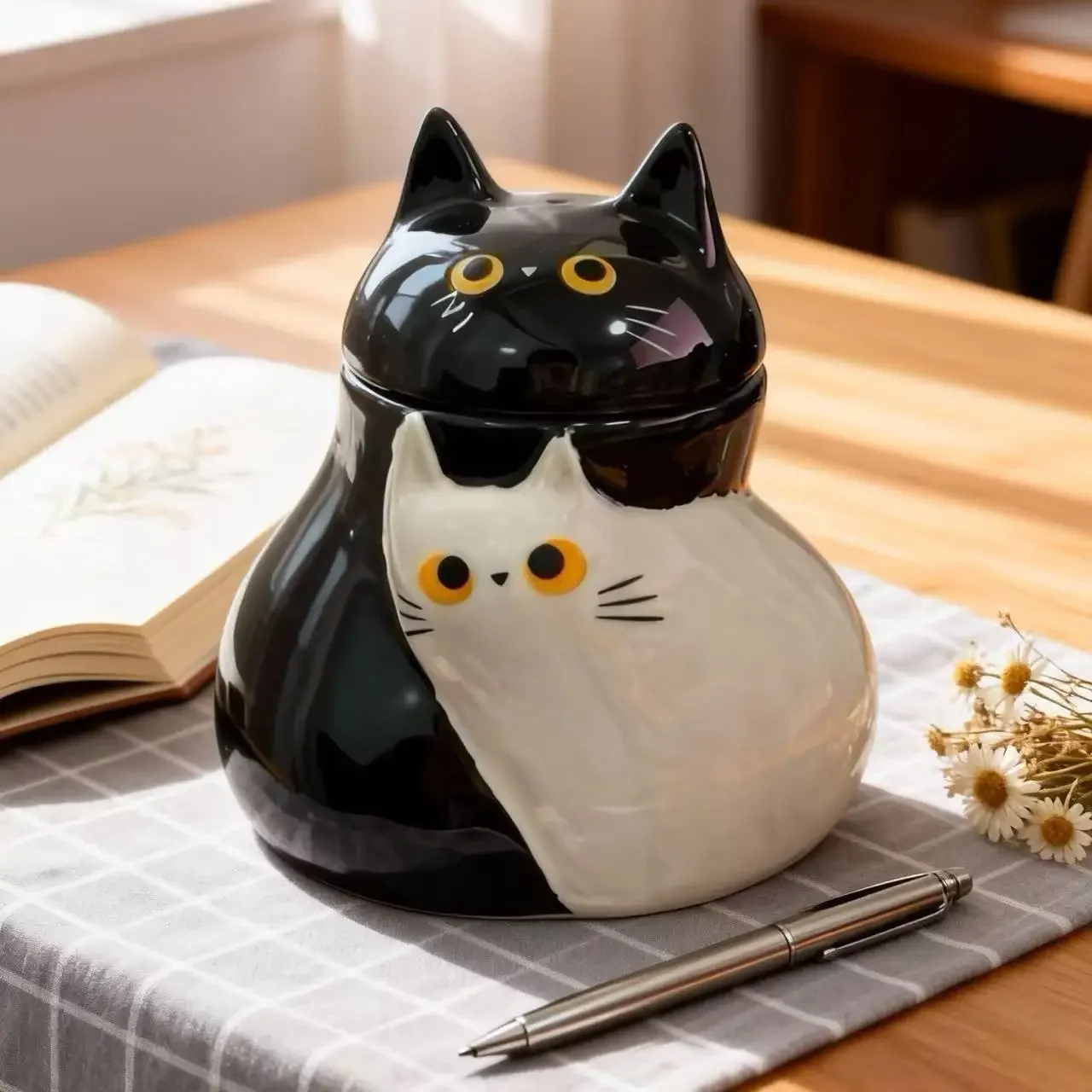 Creative Black and White Cat Ceramic Coffee Cup with Lid Large Capacity Water Drinking Mug Couple Mug Breakfast Oatmeal Cup Home