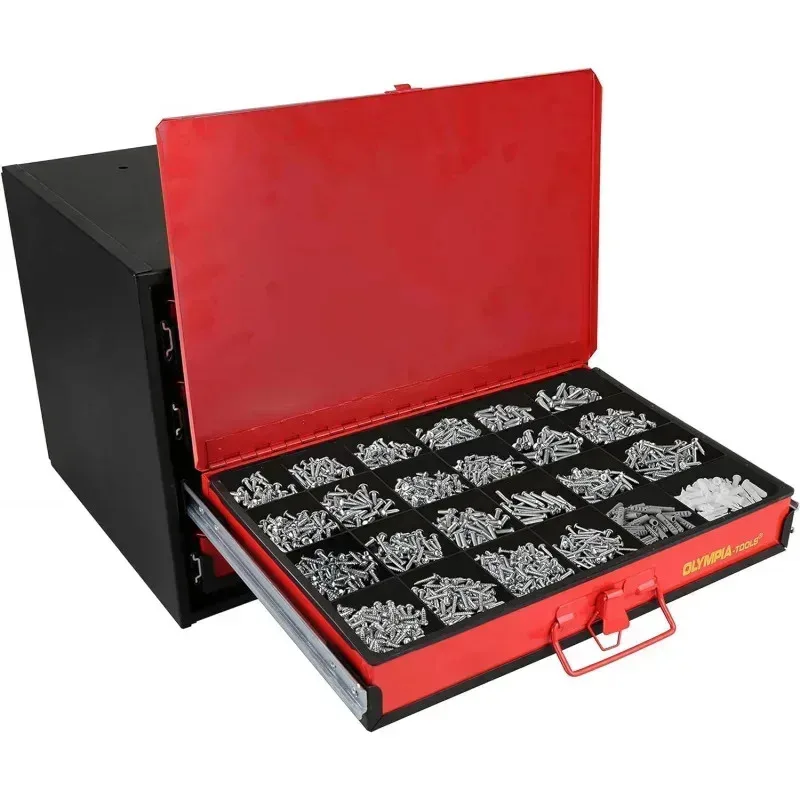 QAZ8-Olympia Tools 90-806 Hardware Organizer met 4 laden inclusief 2500 stuks kleine hardware. zwart/rood