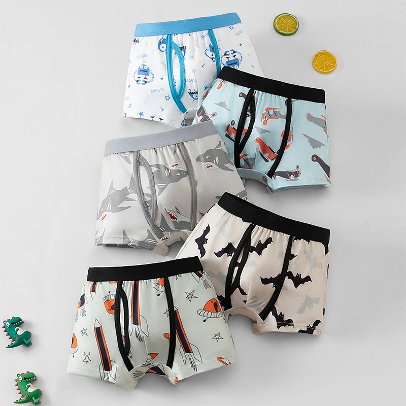 5-Piece Boys' Four Seasons Cool and Handsome Dinosaur Bat Printed Underwear Comfortable Children's Flat Corners Home Shorts