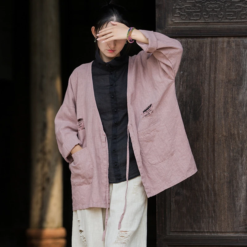 

Женские хлопковые и льняные повседневные пальто, Новое поступление, осень 2022, винтажный стиль, однотонные свободные женские куртки-кардиганы с отверстиями M1987