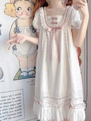 Sweet Nightdress Bowknot Lace Short Sleeve Ruffles Pajamas Women's Summer Kawaii Nightgowns Pajamas Soft Girls Casual Sleepwear