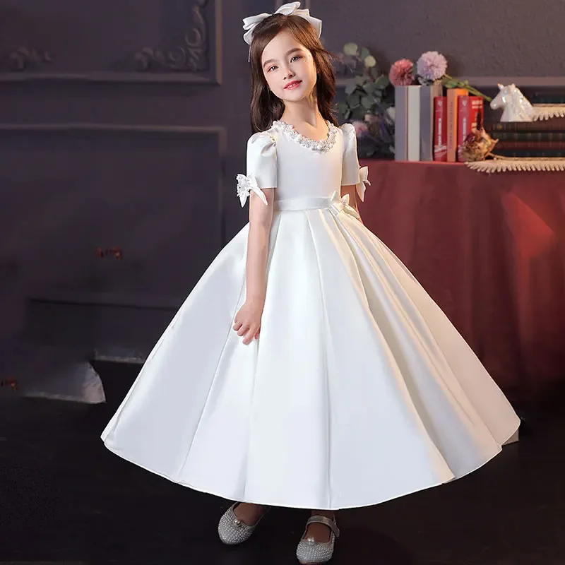 

Little Girls White CeremonY Communion Dress Kids Birthday Party Ball Gown Girls School Piano Performance Dresses Fromal Beaded