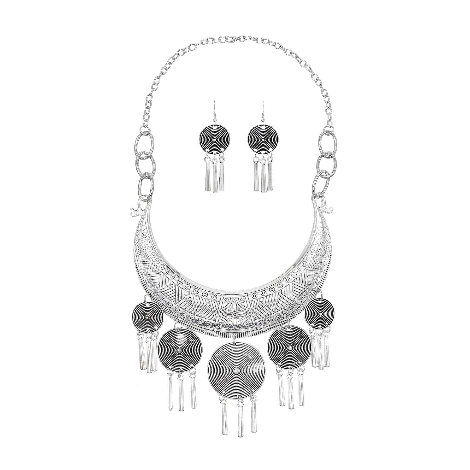Traditional Miao Choker Necklace Earrings for Women Vintage Silvery  Round Flower Pendant Tassel Jewelry Set Wedding Accessories