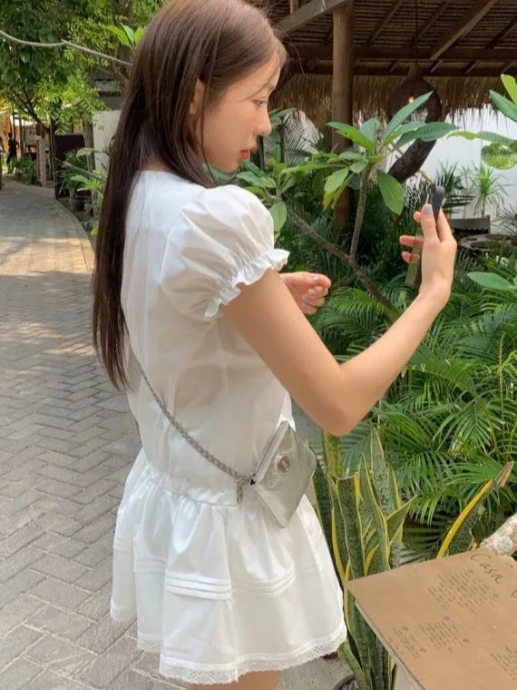 夏 美しい 半袖 レディース ワンピース 韓国風 花柄 レース スプライシング 通勤スタイル 白 ショートスカート エレガント