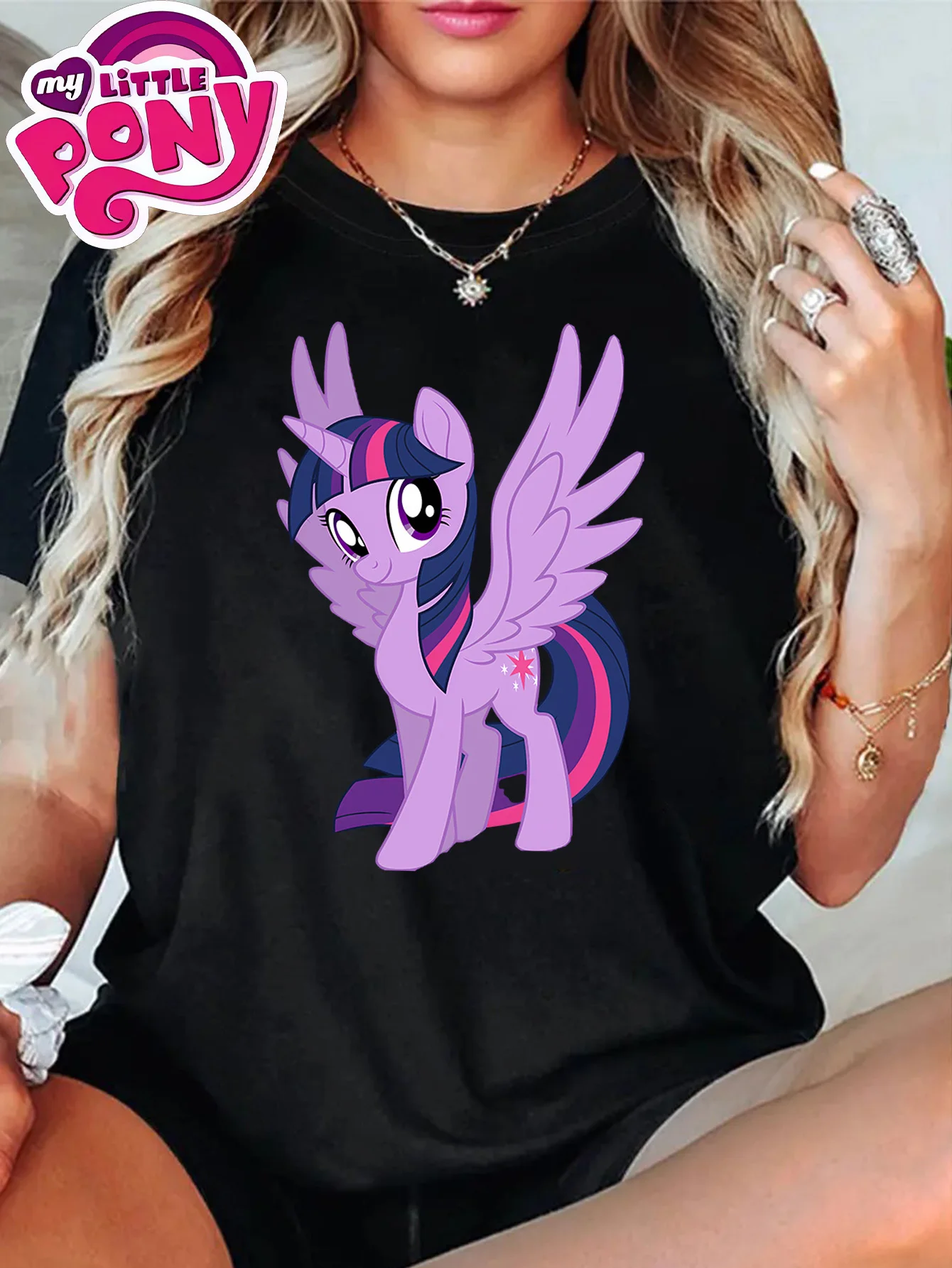 Camiseta con estampado de My Little Pony Princess Twilight Sparkle para mujer, camiseta informal con gráfico de dibujos animados, manga corta, cuello redondo