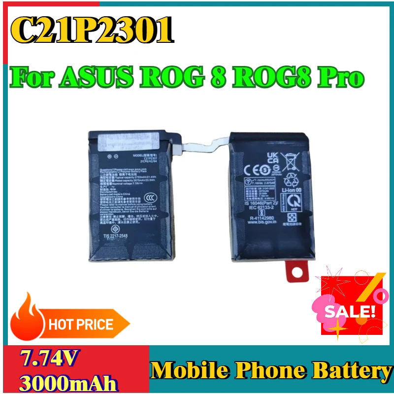 بطارية بديلة جديدة عالية الجودة C21P2301 7.74 فولت 3000 مللي أمبير في الساعة لبطاريات الهاتف المحمول ASUS ROG 8 ROG8 Pro