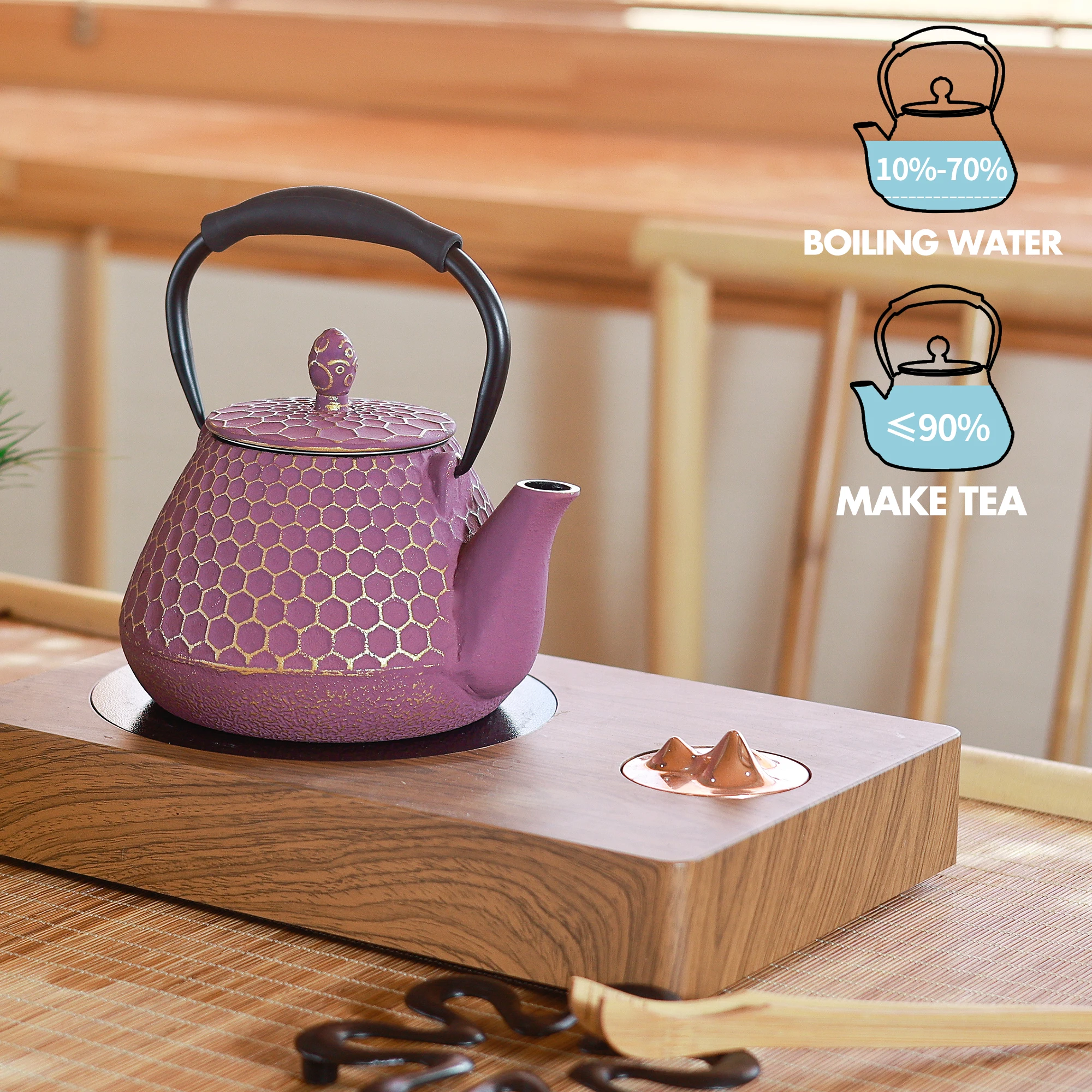 Cast Iron Teapot,Stove top Coated with Enameled Interior, Honeycomb Pattern Tea Pot with Infusers for Loose Tea 32oz/950mlPurple