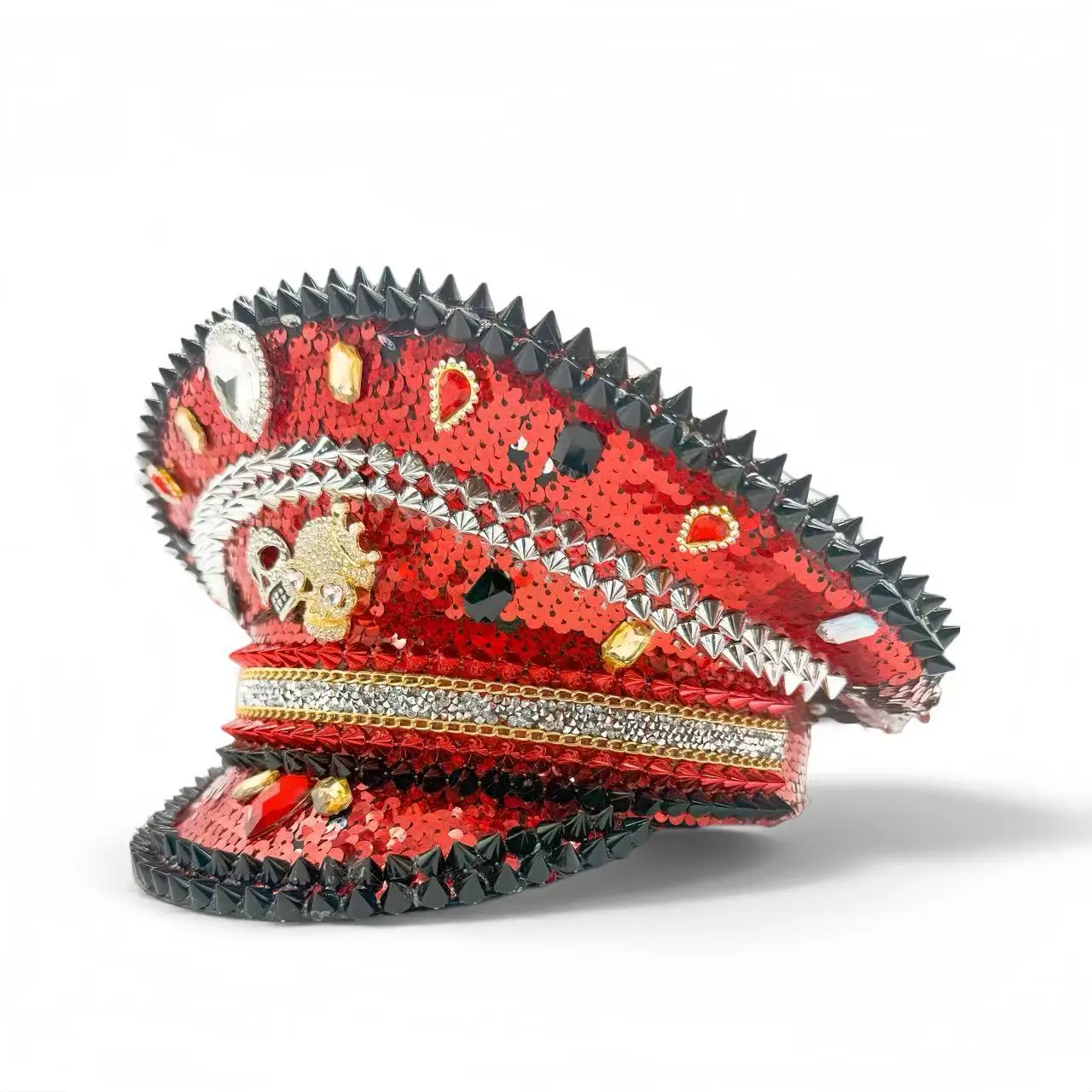 紅蓮レッドスチームパンクキャプテンハット、ハロウィンフェスティバル用ラインストーン付き、女性用、ヴィンテージミリタリーアクセサリー＆ミリタリーキャップ男性用