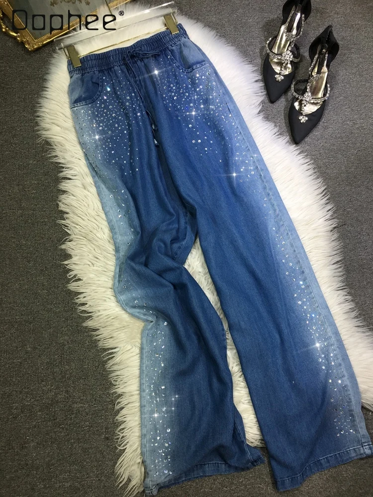 

European Goods Hot Drilling Jeans Women 2024 Summer Light Cool Elastic Waist Straight Pants Gradient Color Light Blue Trousers