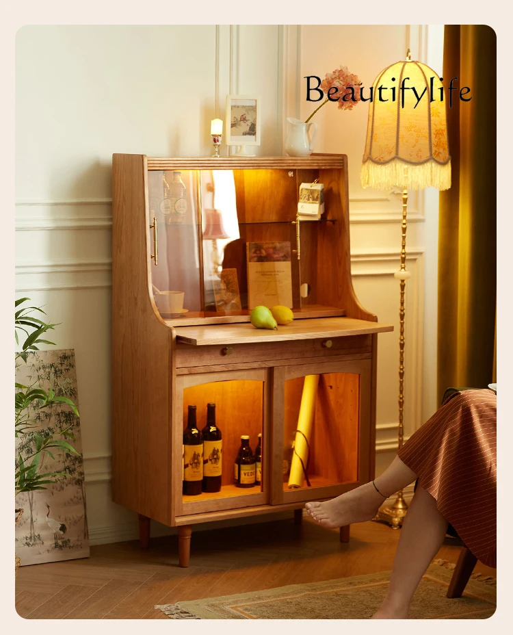 

Modern simple side cabinet retro storage wine cabinet living room home cherry wood solid wood wall storage cabinet