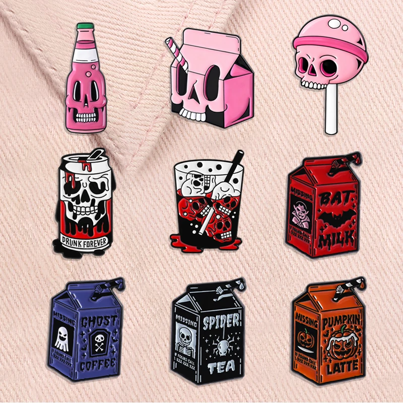 هالوين الجمجمة الحلوى مصاصة المينا دبابيس القوطي الهيكل العظمي الصودا شرب جيوس مخيف دبابيس شارة التلبيب مجوهرات هدايا للأصدقاء