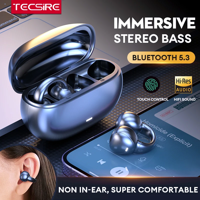 TECSIRE M55 OWS Wireless Earbuds Bluetooth Earphone Open Ear Clip Stereo Bass Touch Control with Microphone