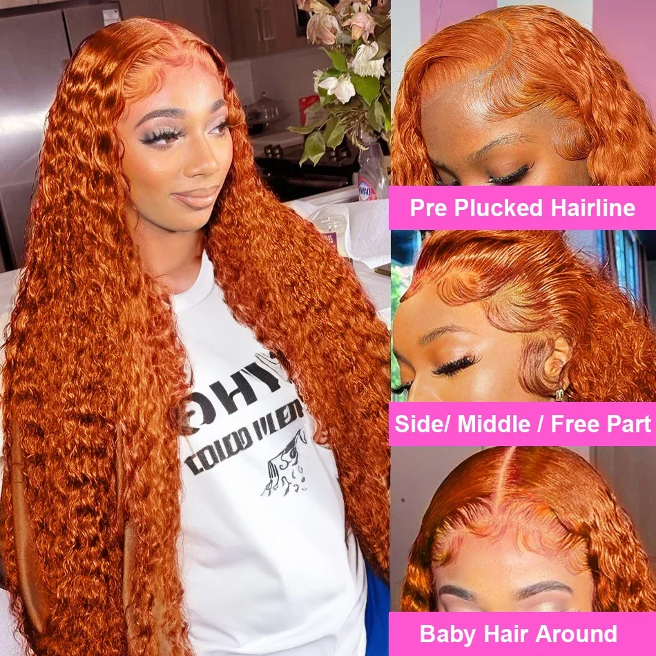 #350 Curly Water Wave Lace Front Wig Human Hair 13x6 HD Ginger Orange Deep Wave Lace Front Wig Pre Plucked For Women 210%Density