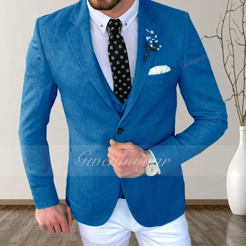 Gwenhwyfar Blue Wedding Men's Suits Custom Slim Fit Groom Tuxedos Shawl Lapel 3 Pcs Jacket Pants Male Blazer (Jacket+Pants+Vest)