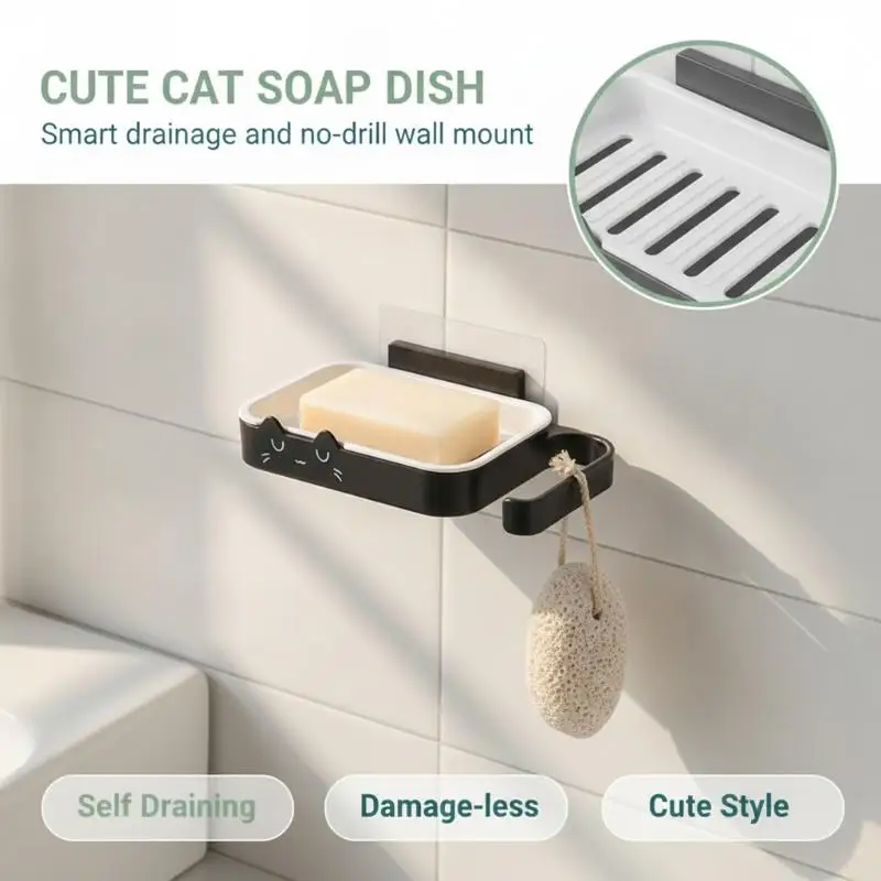 Cute Cat Shaped Wall Mounted Soap Dish Drain Rack Self Adhesive Soap Holder for Kids Bathroom Shower Decor