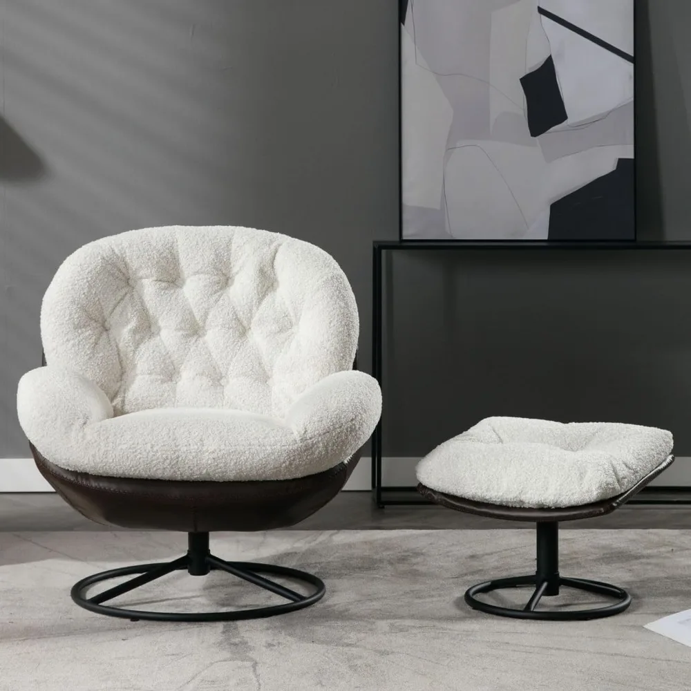 Swivel Accent Chair with Ottoman, Mid Century Modern Faux Fur Lounge Chair with footrest