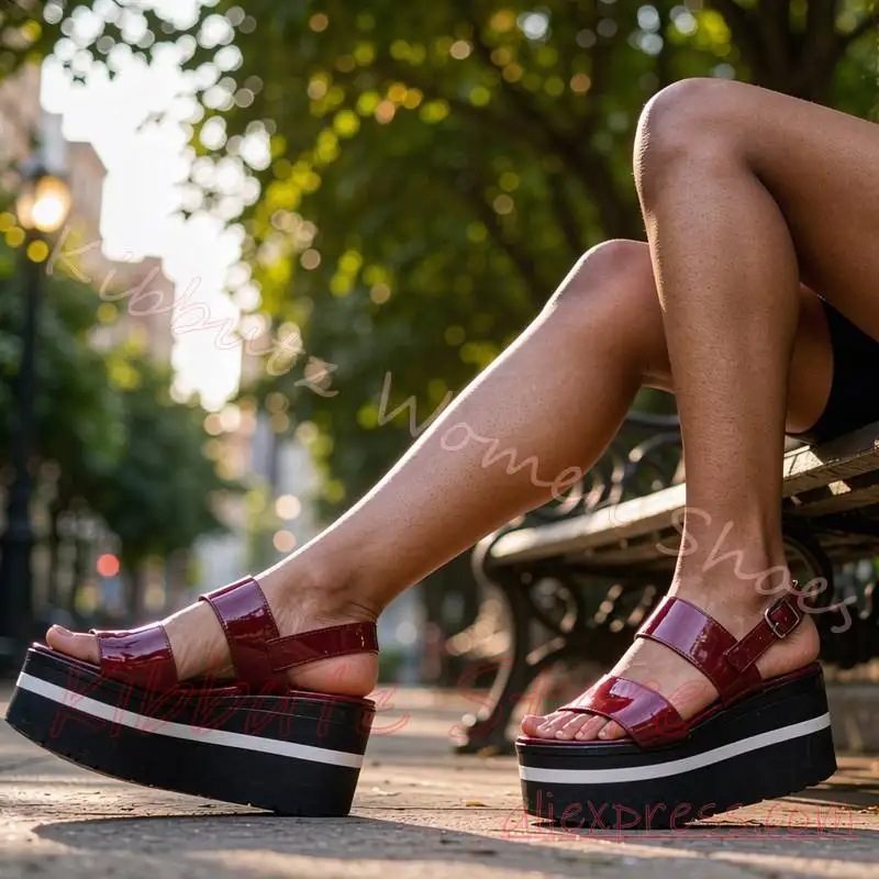Platform Sandal Buckle Strap Open Toe Thick Sole Goth Punk Shoes Women Leather Round Toe Mixed Color Fashion Elegant Concise New