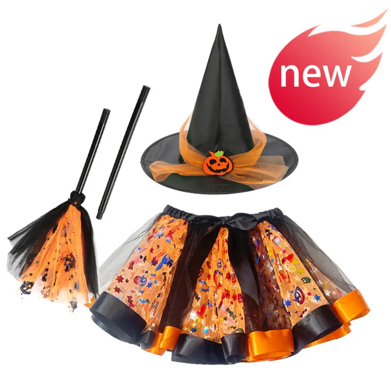 

New Halloween Printed Mesh Skirt Witch Hat Broom Puffy Skirt Three-Piece Set For Girls Cartoon Up Short Skirt Gifts For Children